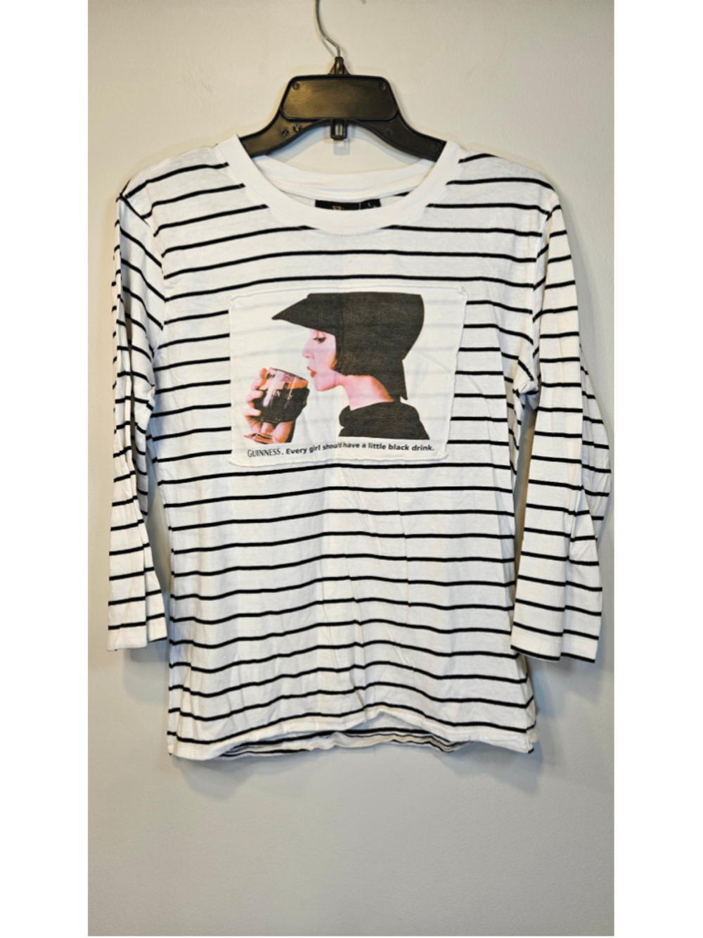 Guinness Womens Shirt Size 4 Black White Stripe Little Black Drink Graphic